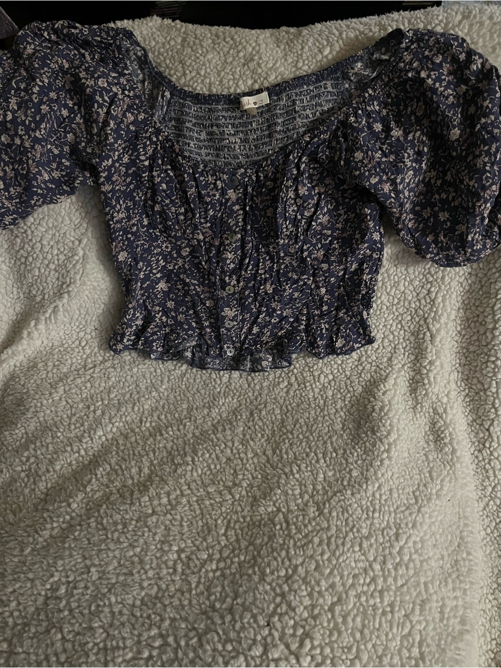 BLush J Navy Blue Floral Smocked Puff-Sleeve Crop Top